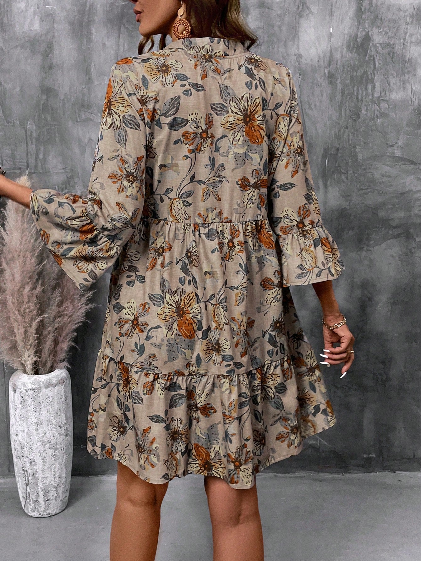 Floral Print V Neck Tiered Dress