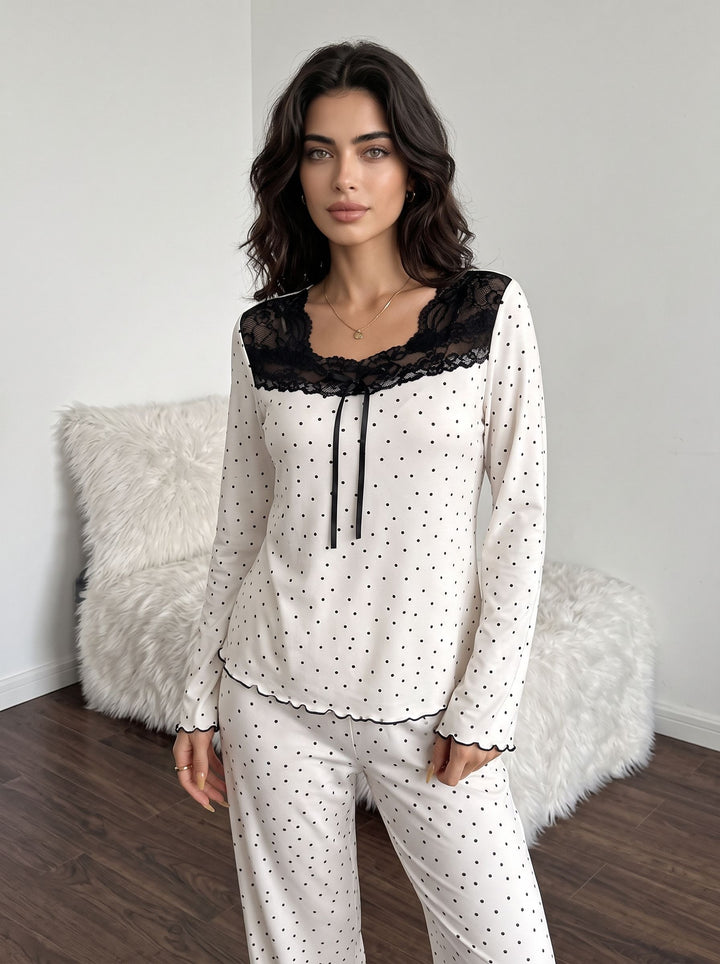 Lace Trim Polka Dot Pajama Set
