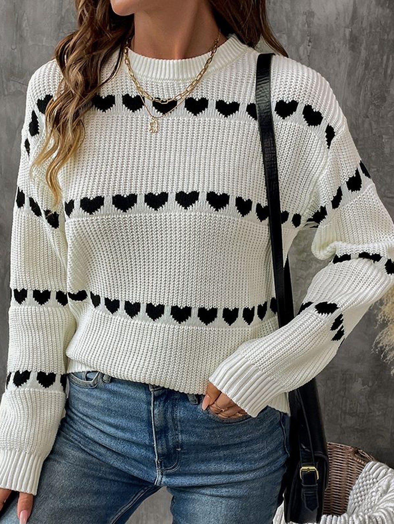 Cute Heart Pattern Ribbed Pullover Sweater