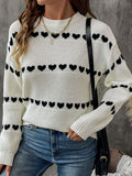 Cute Heart Pattern Ribbed Pullover Sweater
