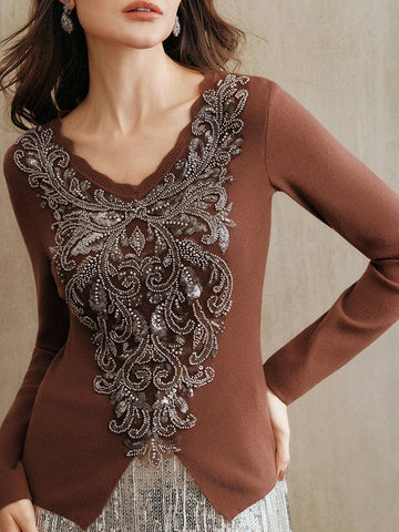 Embellished V Neck Knit Pullover