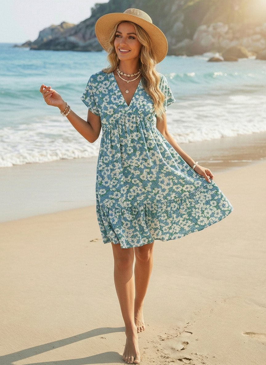 Floral Print V Neck Tiered Babydoll Mini Dress