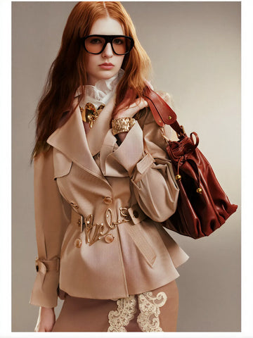 Puff Sleeve Belted Cropped Trench Coat