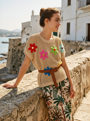 Floral Crochet Short Sleeve Sweater