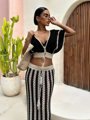 Boho Striped Crochet Maxi Skirt Set