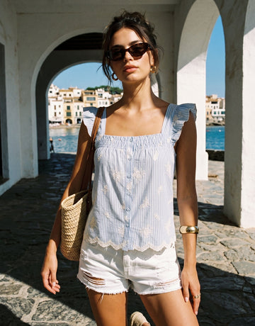 Embroidered Ruffle Sleeve Striped Tank Top