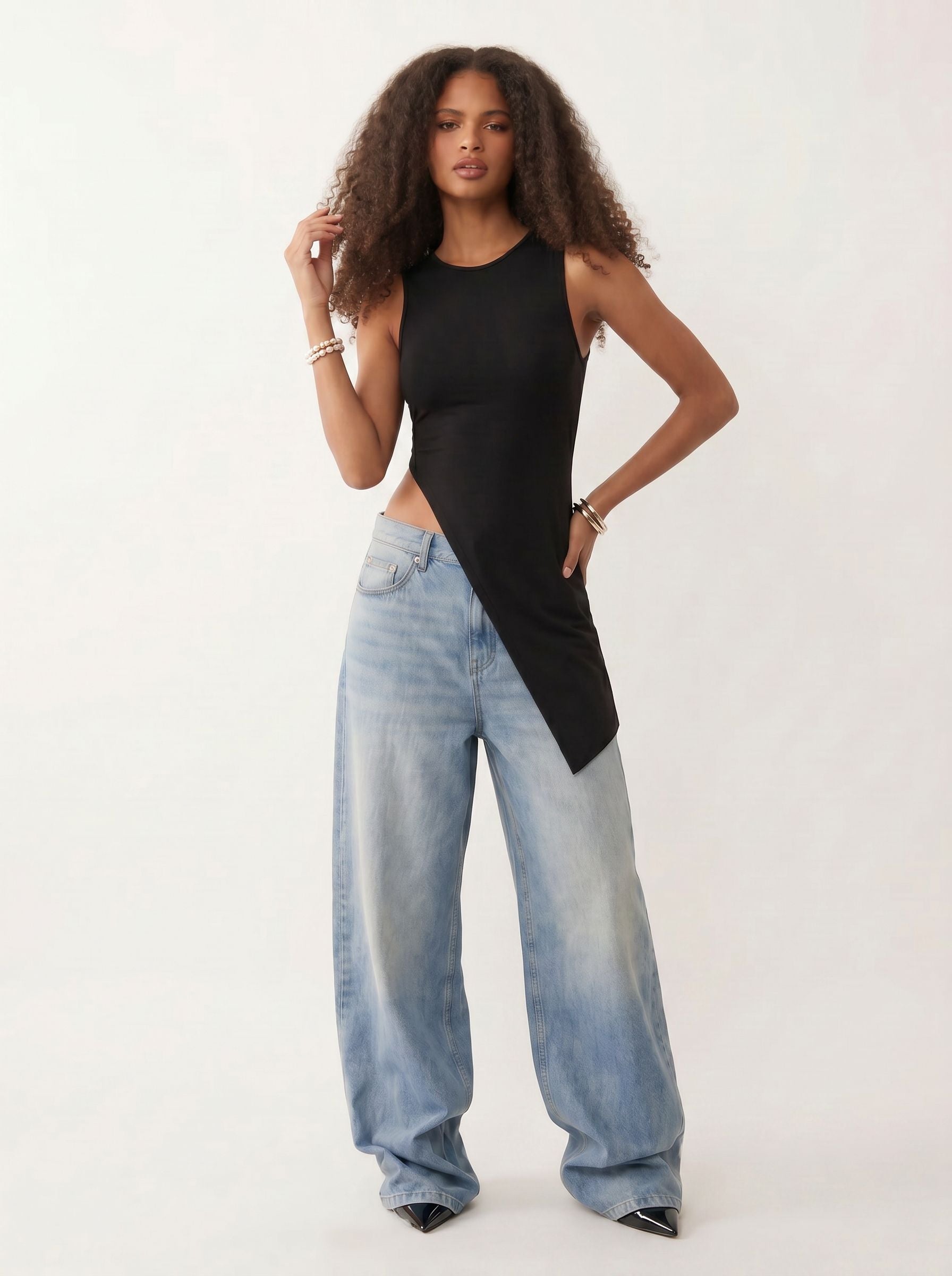 Asymmetric High Slit Sleeveless Tank Top