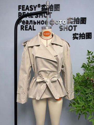 Cropped Belted Double Breasted Trench Coat