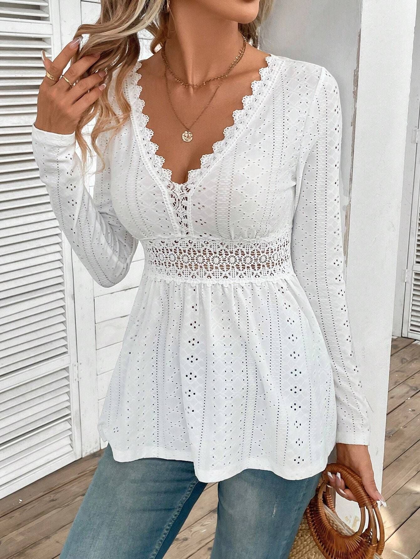 Elegant Eyelet Lace Peplum Blouse