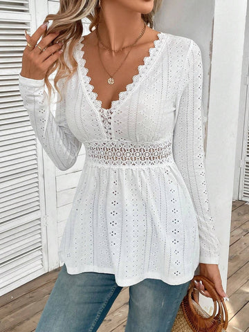 Elegant Eyelet Lace Peplum Blouse