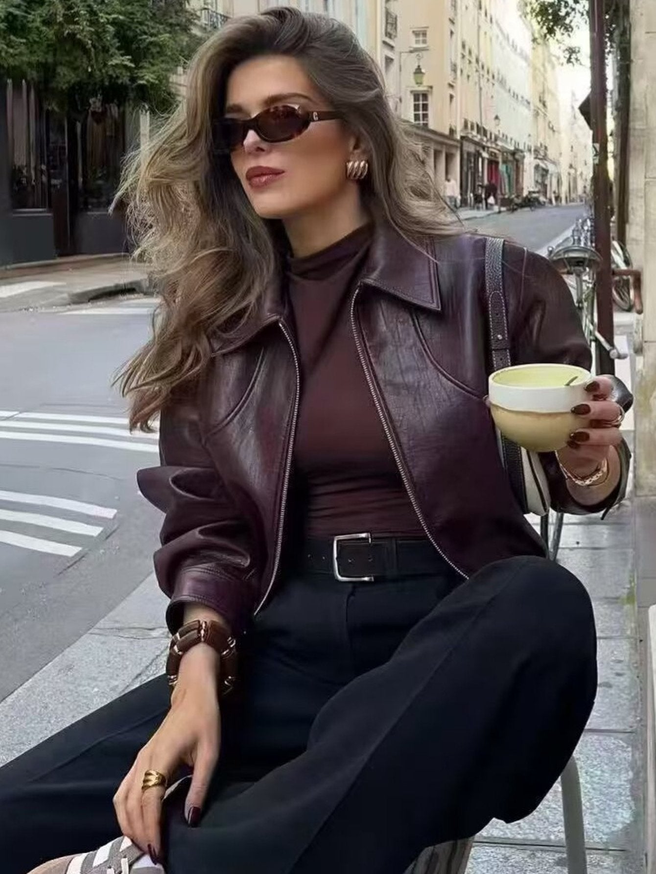 Burgundy Cropped Faux Leather Bomber Jacket