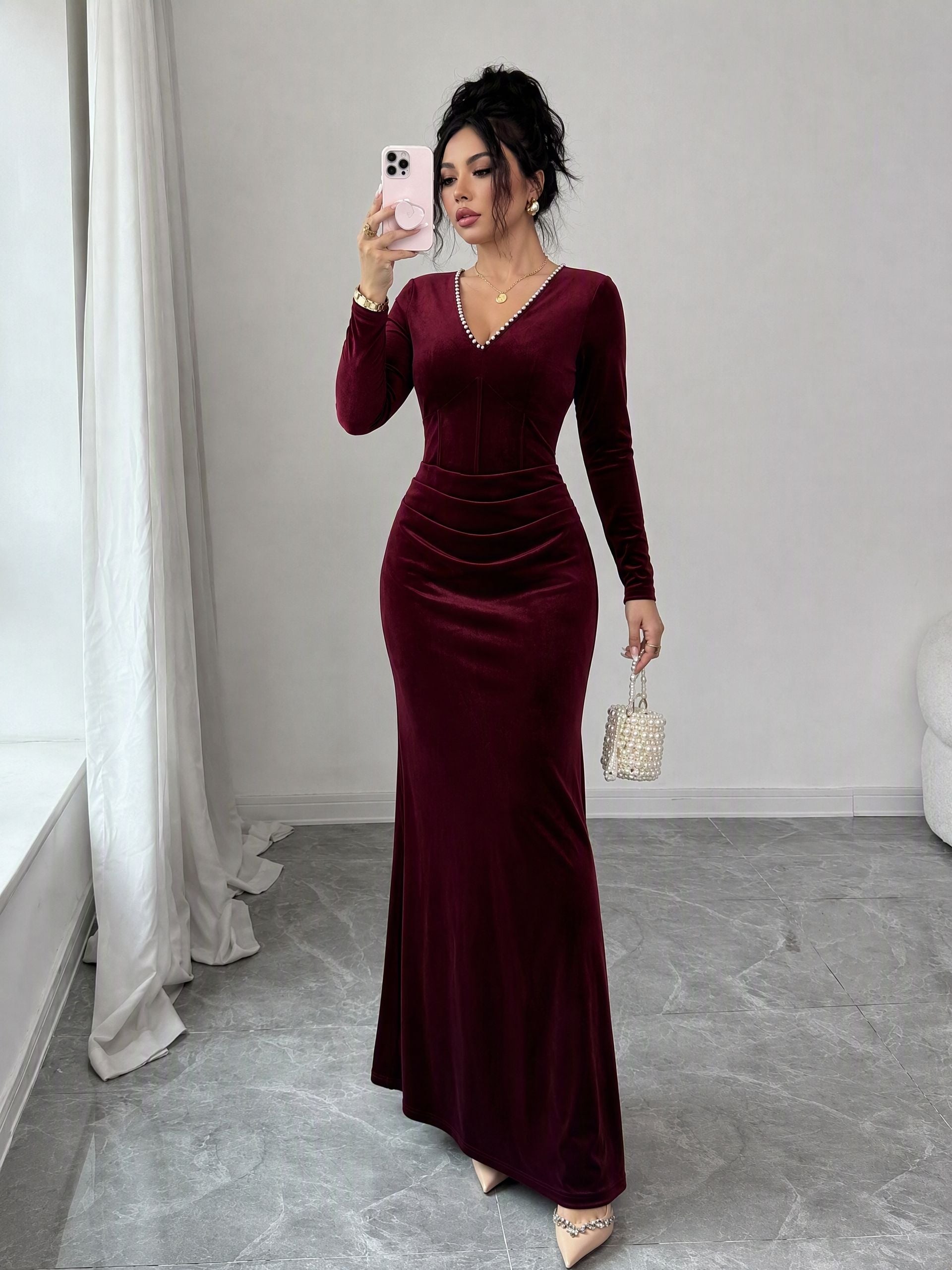 Elegant Pearl Trim Velvet Maxi Dress