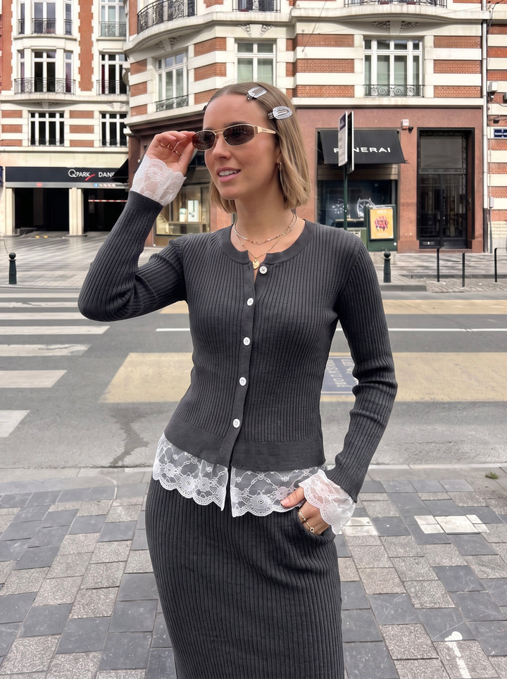 Lace Trim Ribbed Knit Set