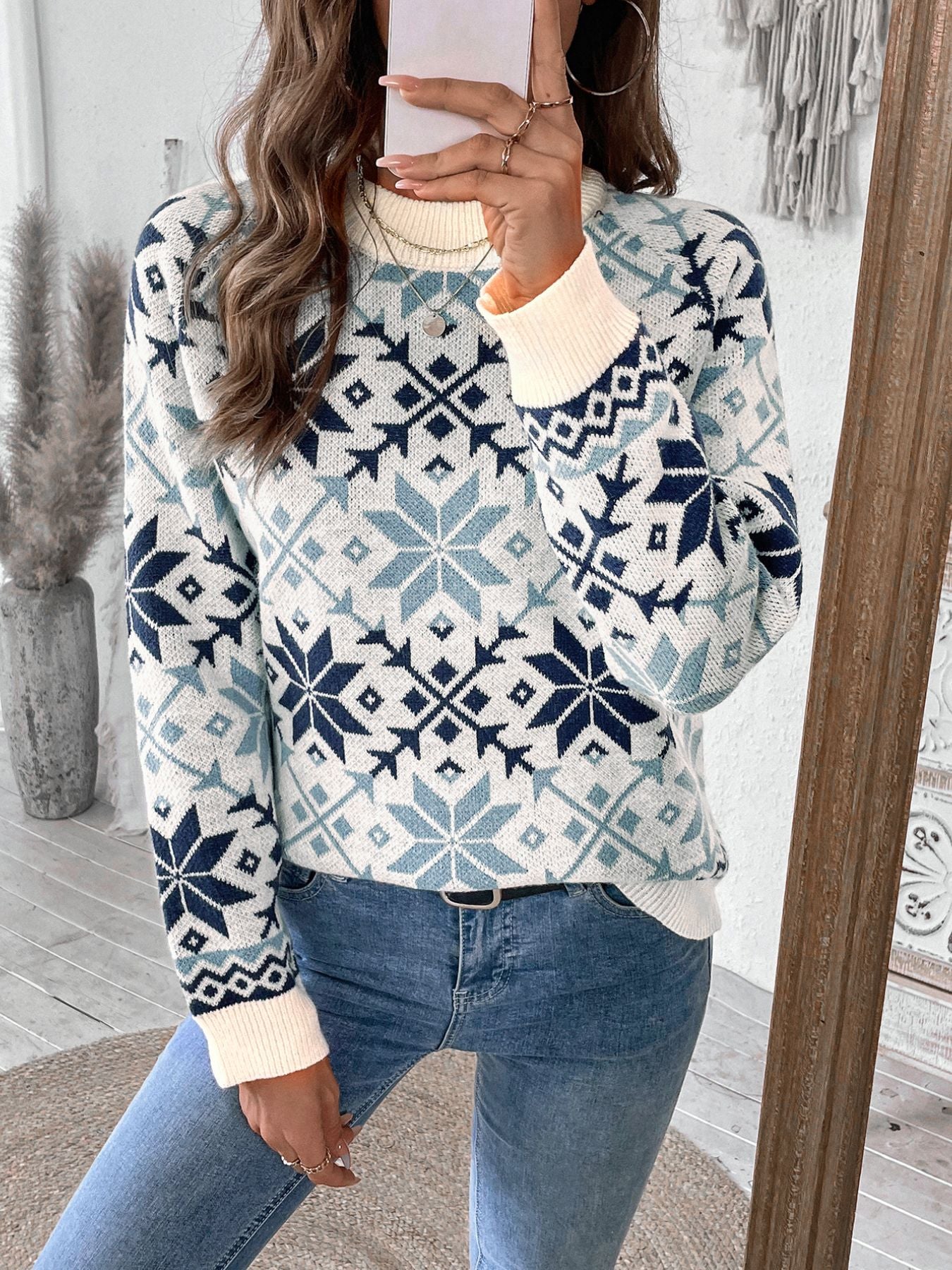 Cozy Snowflake Print Knit Pullover Sweater