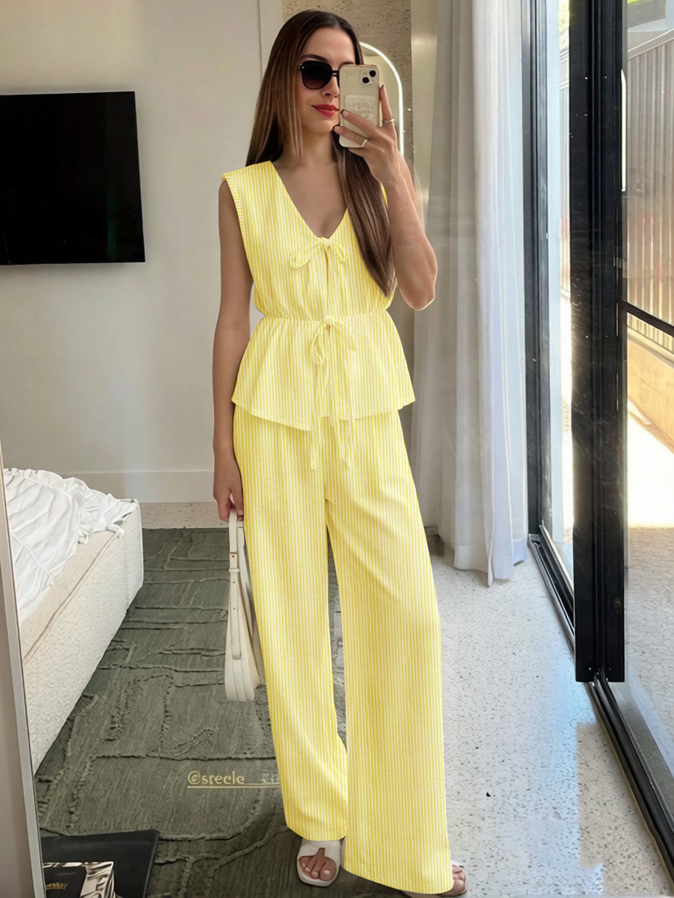 Yellow Striped Sleeveless Pants Set