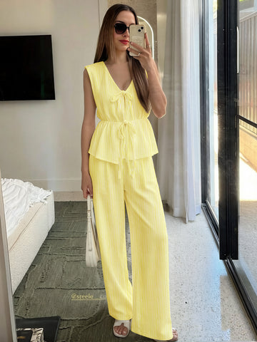 Yellow Striped Sleeveless Pants Set