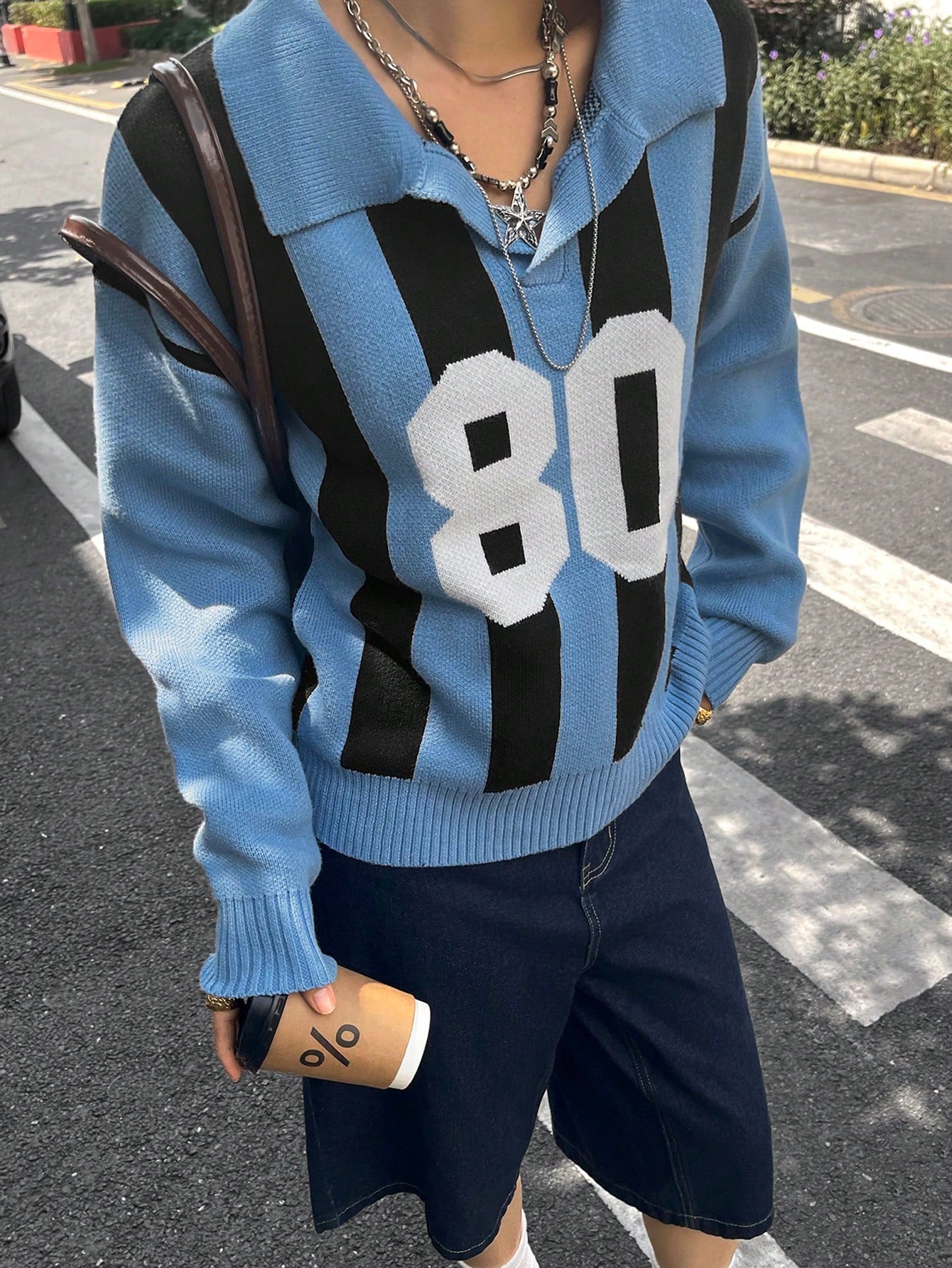 Oversized Sporty Striped Graphic Knit Sweater