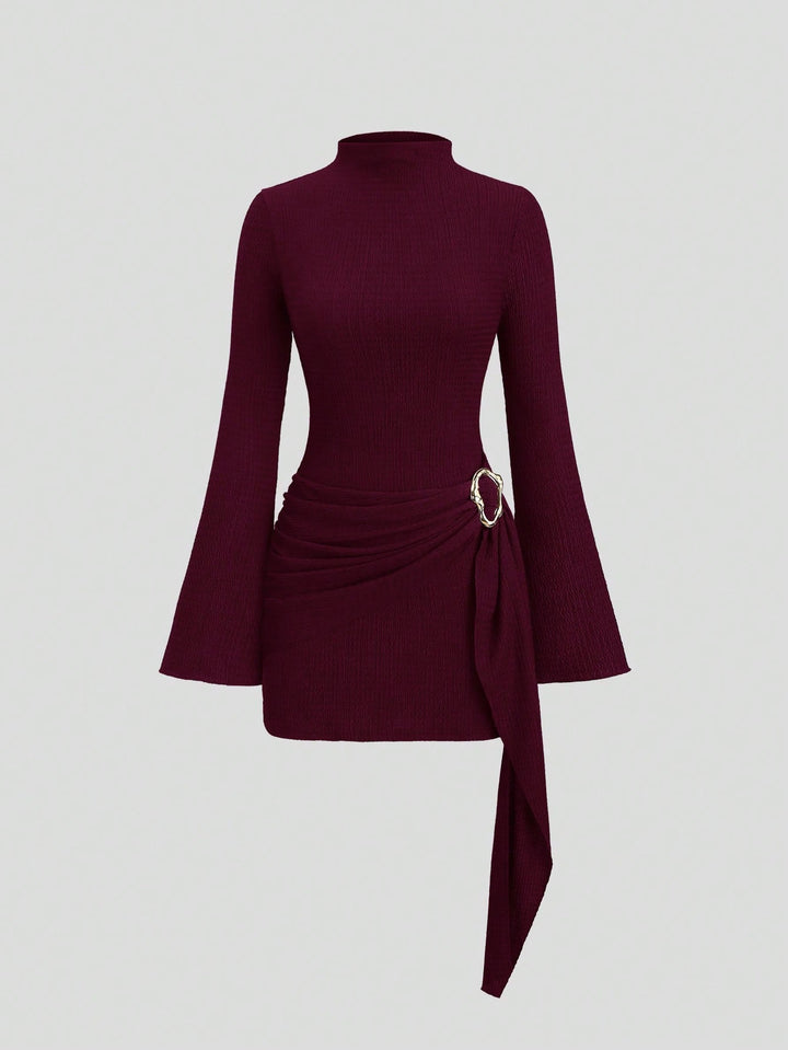Textured Ruched Buckle Detail Mini Dress