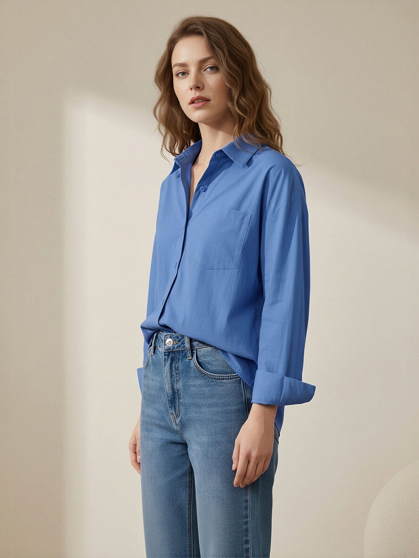 Classic Collar Long Sleeve Chest Pocket Classic Shirt-Blue