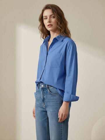Classic Collar Long Sleeve Chest Pocket Classic Shirt-Blue