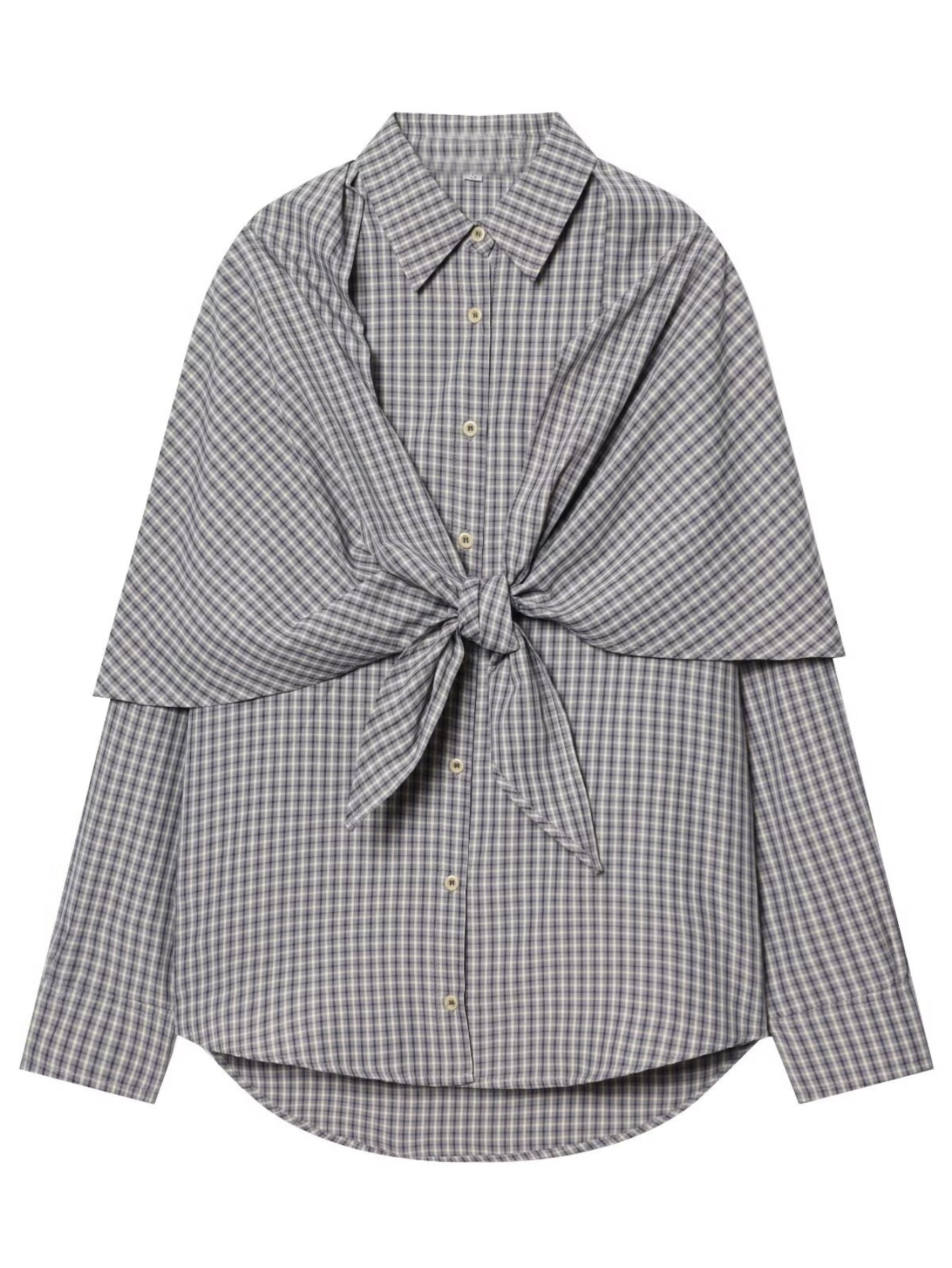 Draped Plaid Tie Front Button Shirt