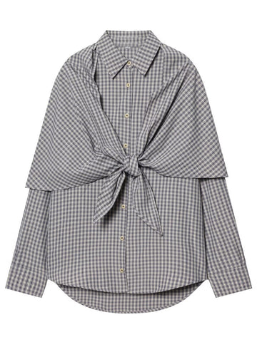 Draped Plaid Tie Front Button Shirt