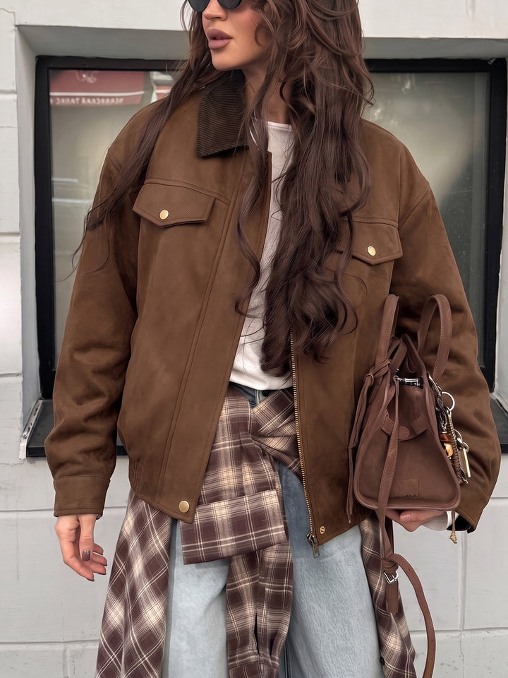 Brown Suede Ribbed Collar Jacket