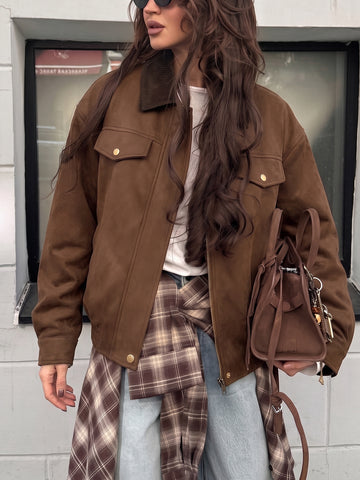Brown Suede Ribbed Collar Jacket