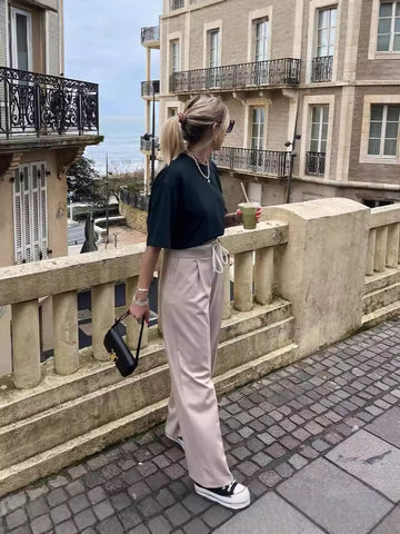 High Waisted Drawstring Wide Leg Pants