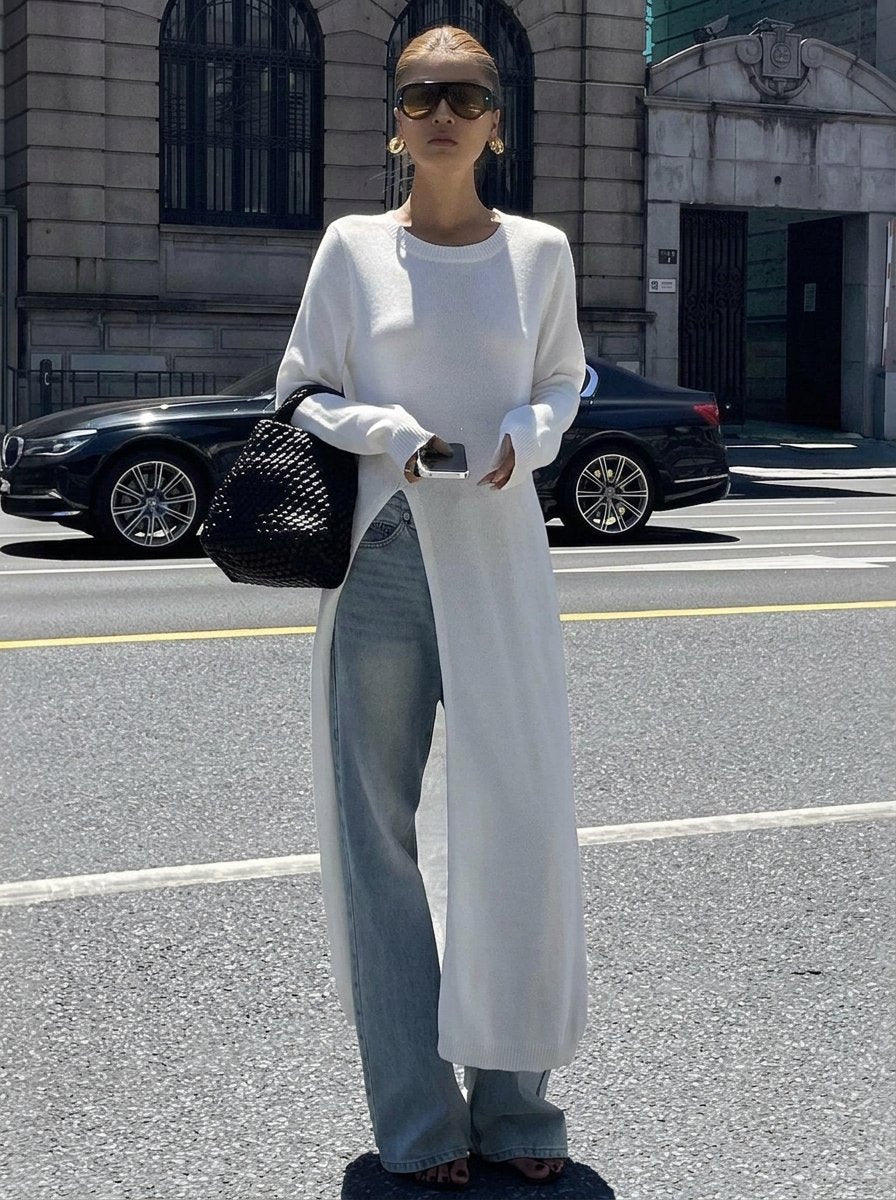 Ribbed Slit Hem Knit Sweater Dress