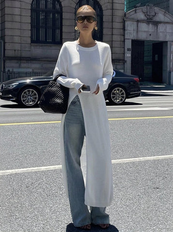 Ribbed Slit Hem Knit Sweater Dress