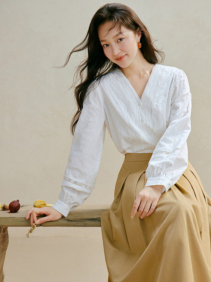 Embroidered Cotton V Neck Button Shirt