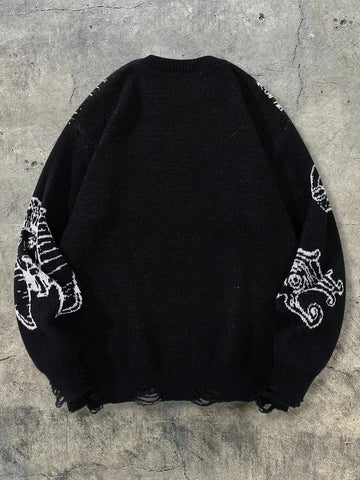 Oversized Graphic Distressed Knit Sweater