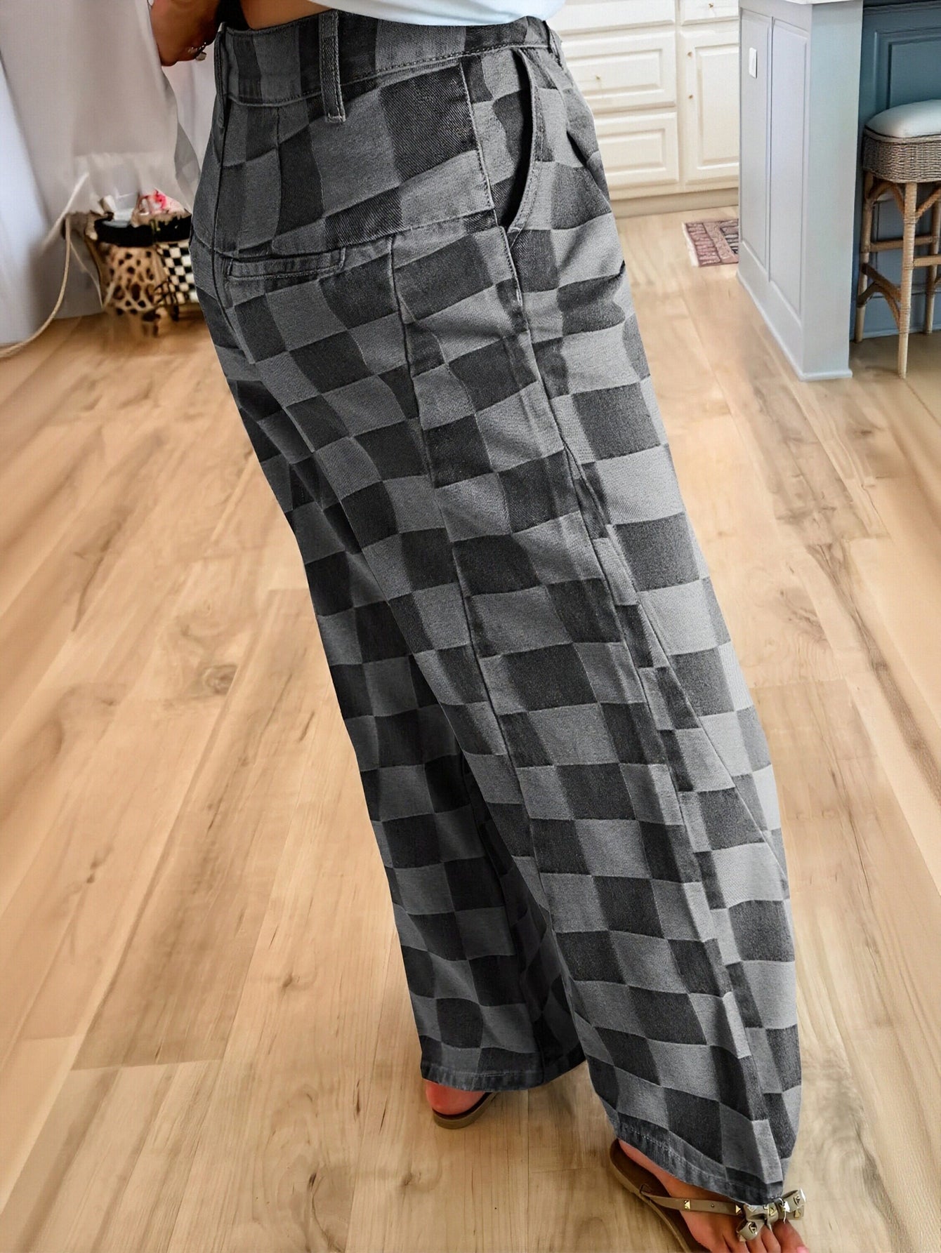 Checkered Pattern Loose Fit Jeans