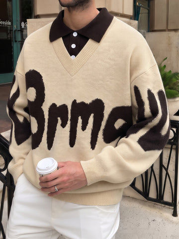 Oversized Graphic Collared Knit Pullover