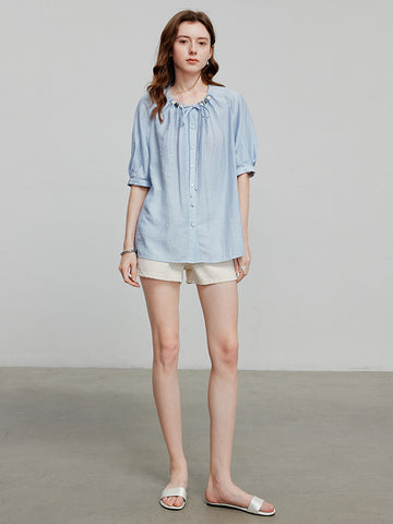 TOYOUTH Linen Blend Tie-Neck Relaxed Blouse
