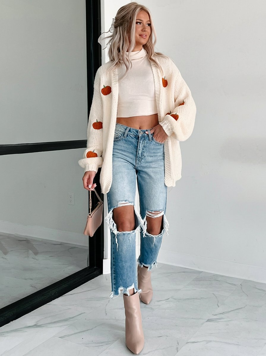 Cozy Pumpkin Embroidered Knit Cardigan
