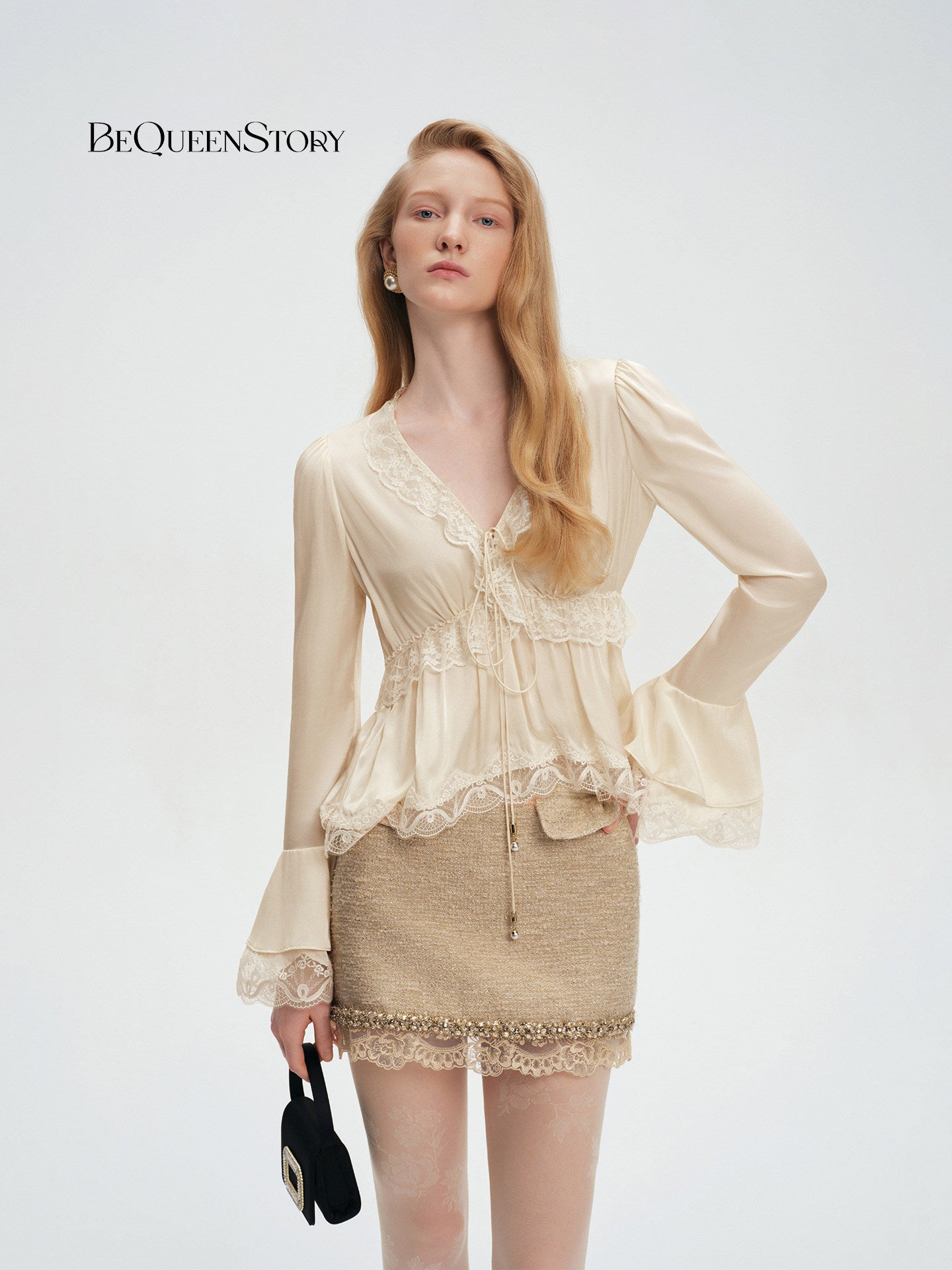 Elegant Lace Trim Satin Blouse