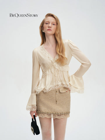 Elegant Lace Trim Satin Blouse