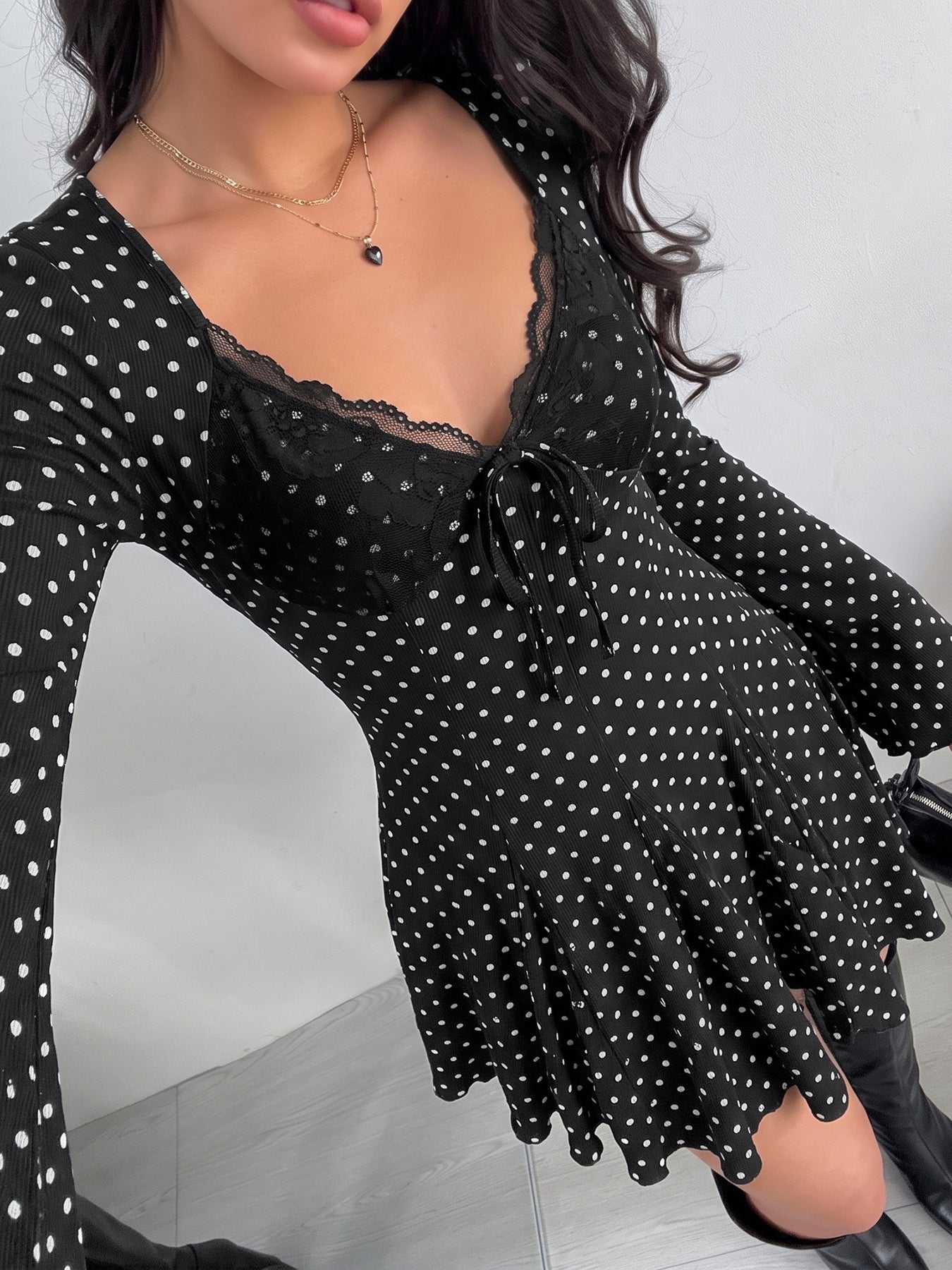 Polka Dot Lace Trim Mini Dress