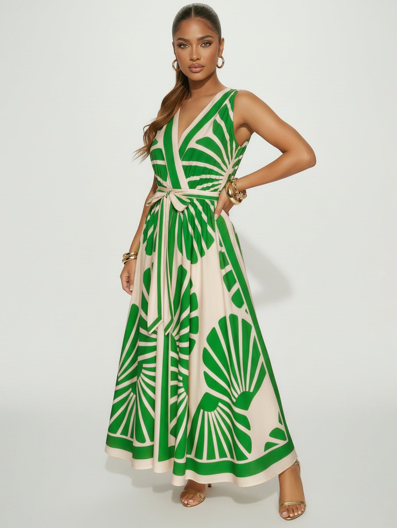 V Neck Printed Bohemian Maxi Dress