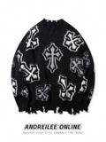 Distressed Gothic Cross Print Sweater