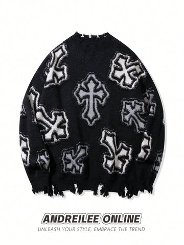 Distressed Gothic Cross Print Sweater