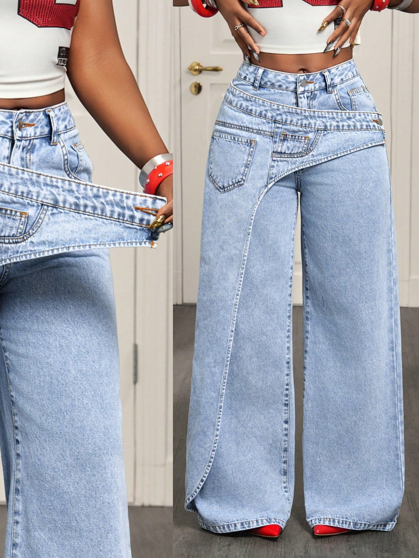 High Waisted Asymmetric Wide Leg Jeans