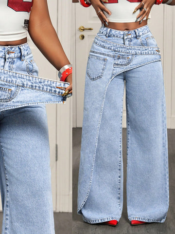 High Waisted Asymmetric Wide Leg Jeans