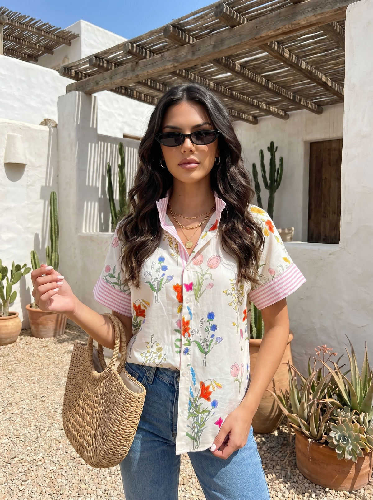 Floral Striped Short Sleeve Button Shirt