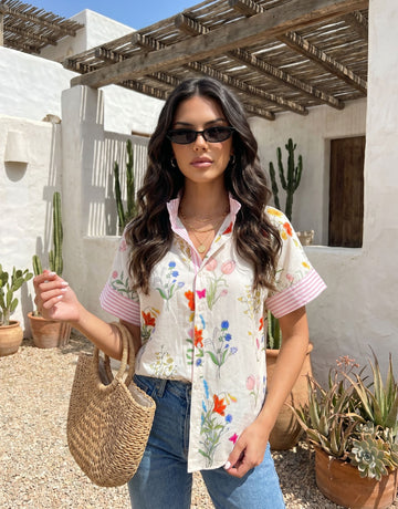 Floral Striped Short Sleeve Button Shirt