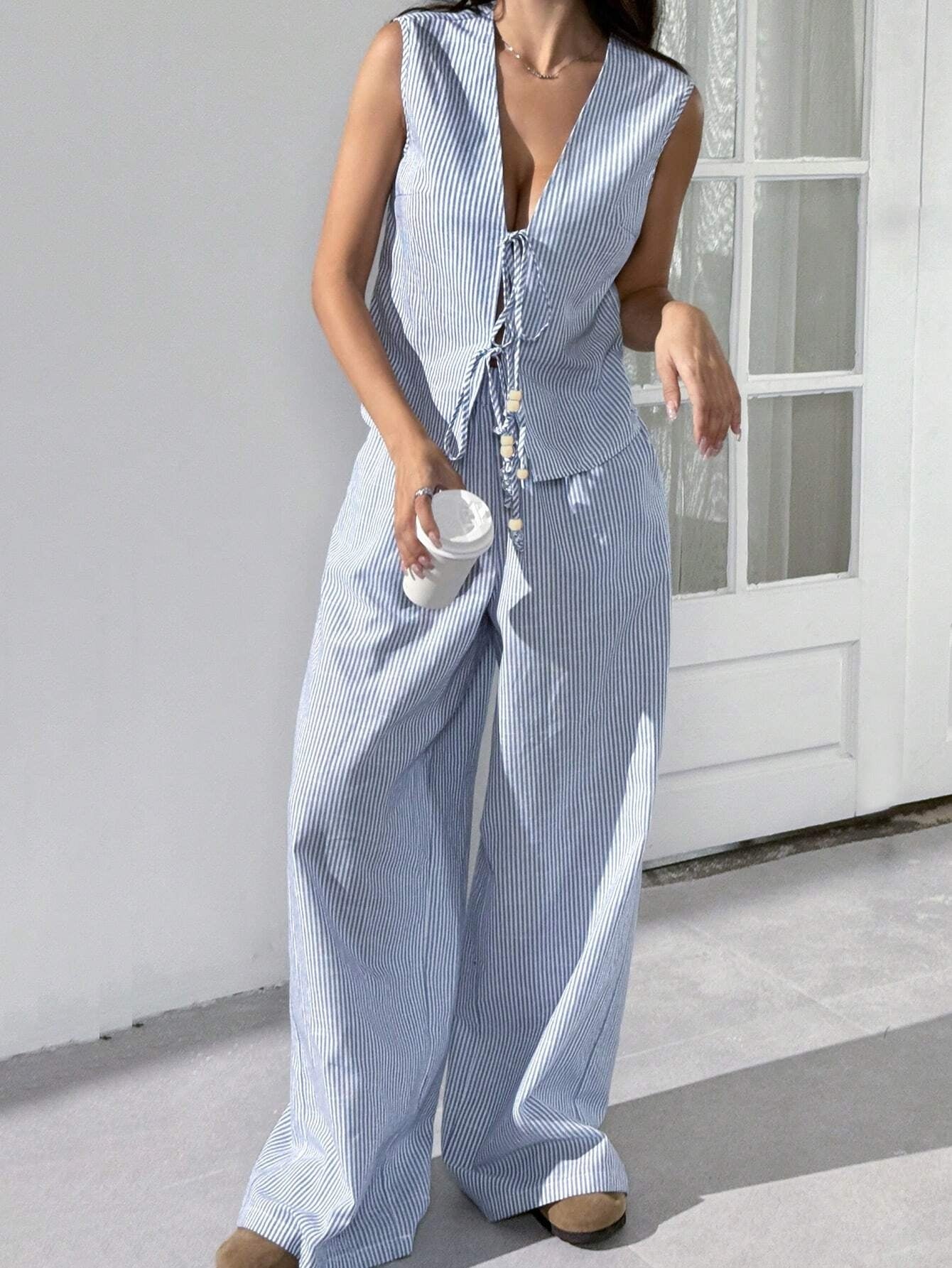 Drawstring Sleeveless Top Elastic-Waist Pants Casual Set-Blue