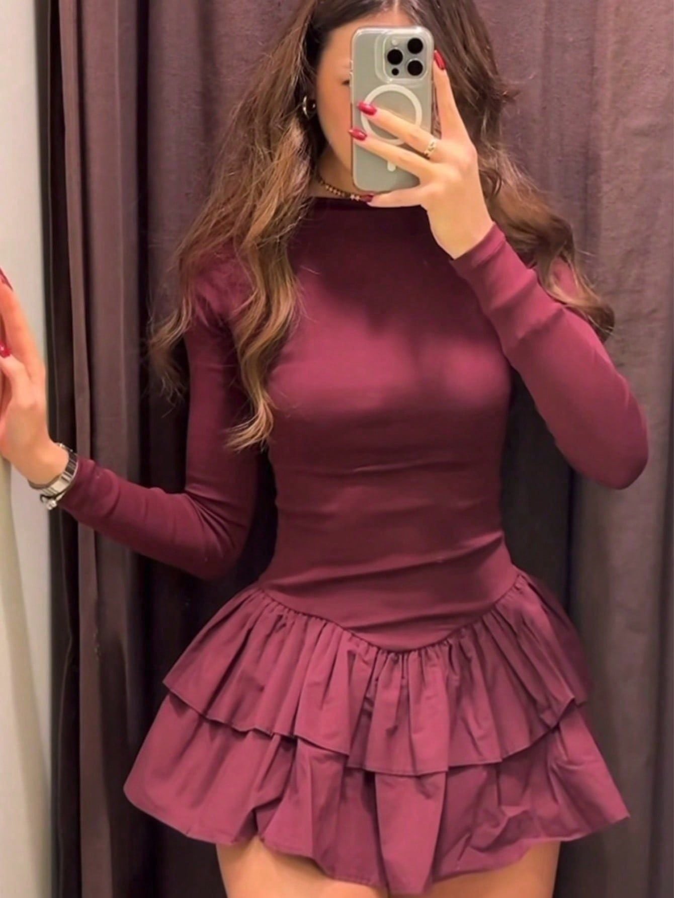 Backless Ruffle Hem Long Sleeve Dress
