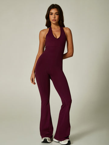 Halter Neck Flared Leg Elegant Yoga Jumpsuit-Multicolor